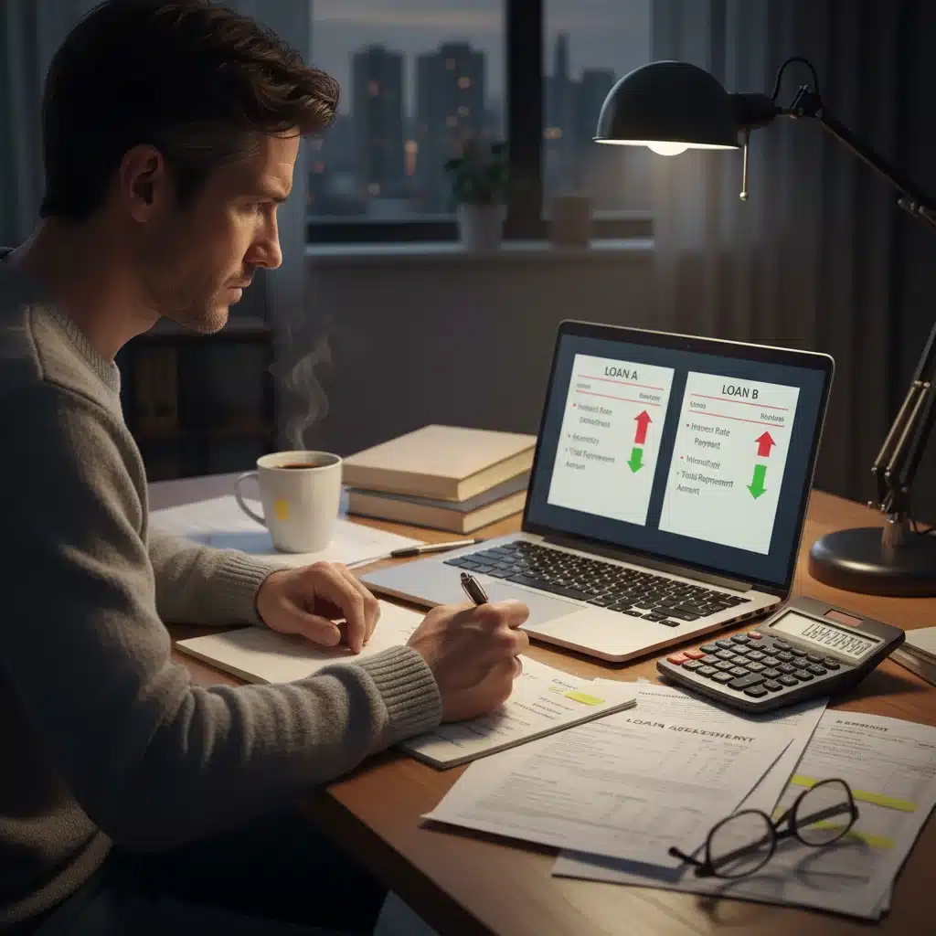 Persona analizando opciones de refinanciamiento automotriz en una laptop, comparando tasas de interés y términos de préstamo.
