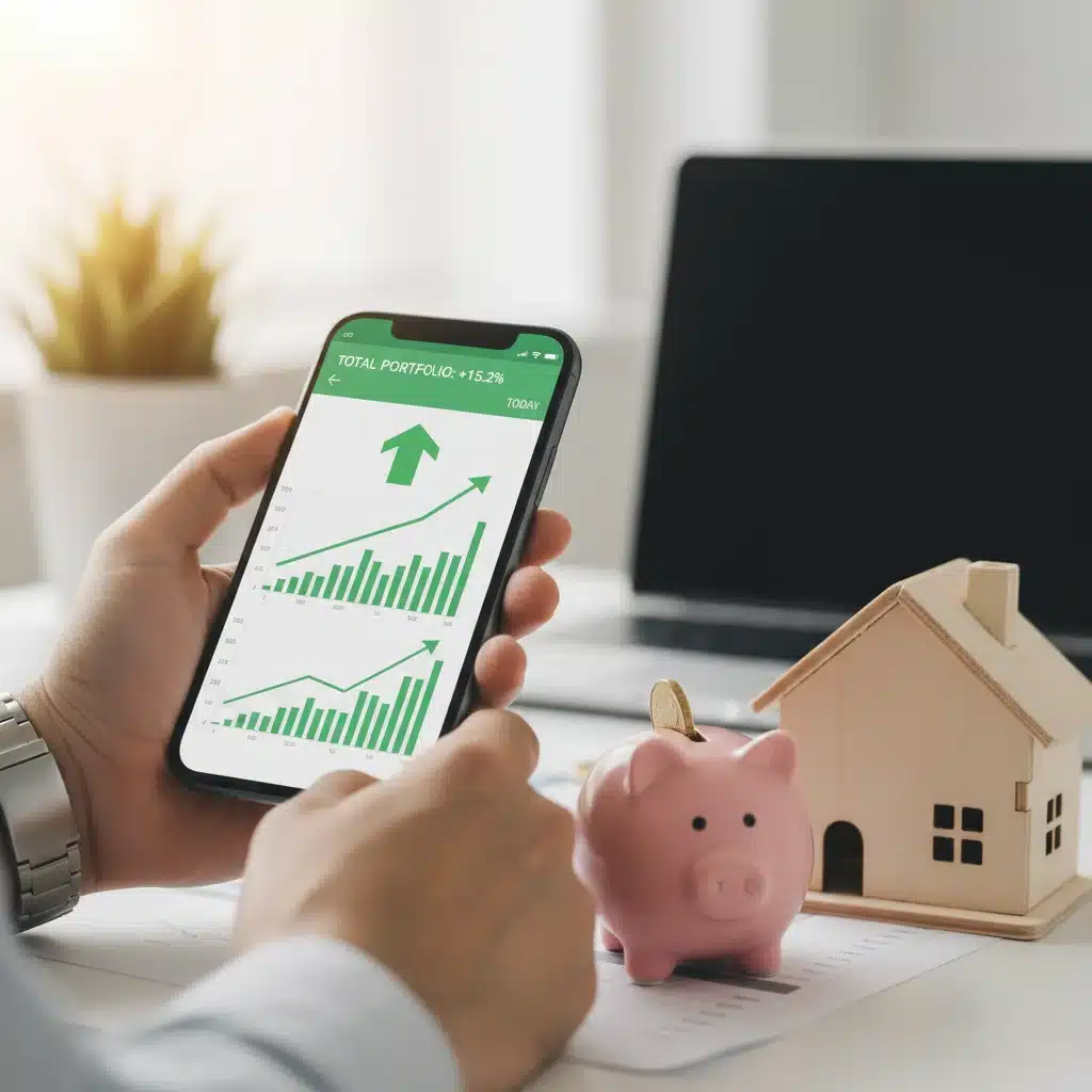Mano sosteniendo un smartphone con gráficos de inversión, una casa en miniatura y un cerdito de ahorro, representando diversificación de ingresos pasivos.