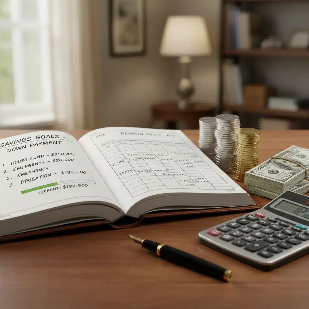 Libro de contabilidad y monedas apiladas, representando estrategias de ahorro para enganche automotriz.