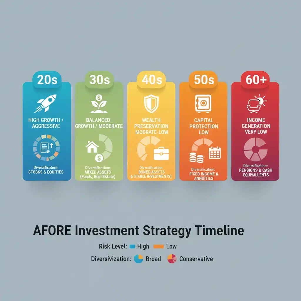 Infografía de estrategias de inversión en AFORE según rangos de edad y riesgo.