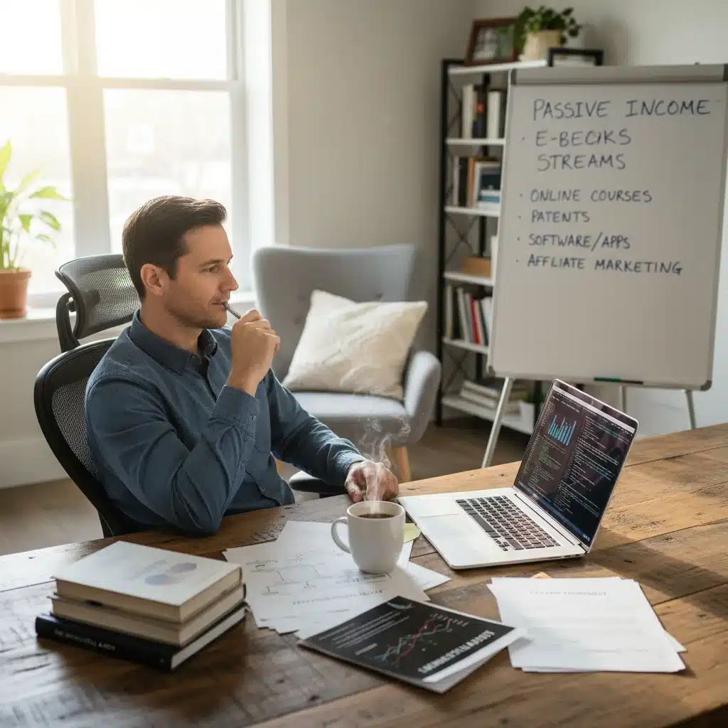 Persona trabajando en laptop en una oficina en casa, generando ingresos pasivos con emprendimientos digitales y propiedades intelectuales.