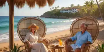 Pareja jubilada disfrutando de un retiro tranquilo en una playa paradisíaca en México, símbolo de libertad financiera.