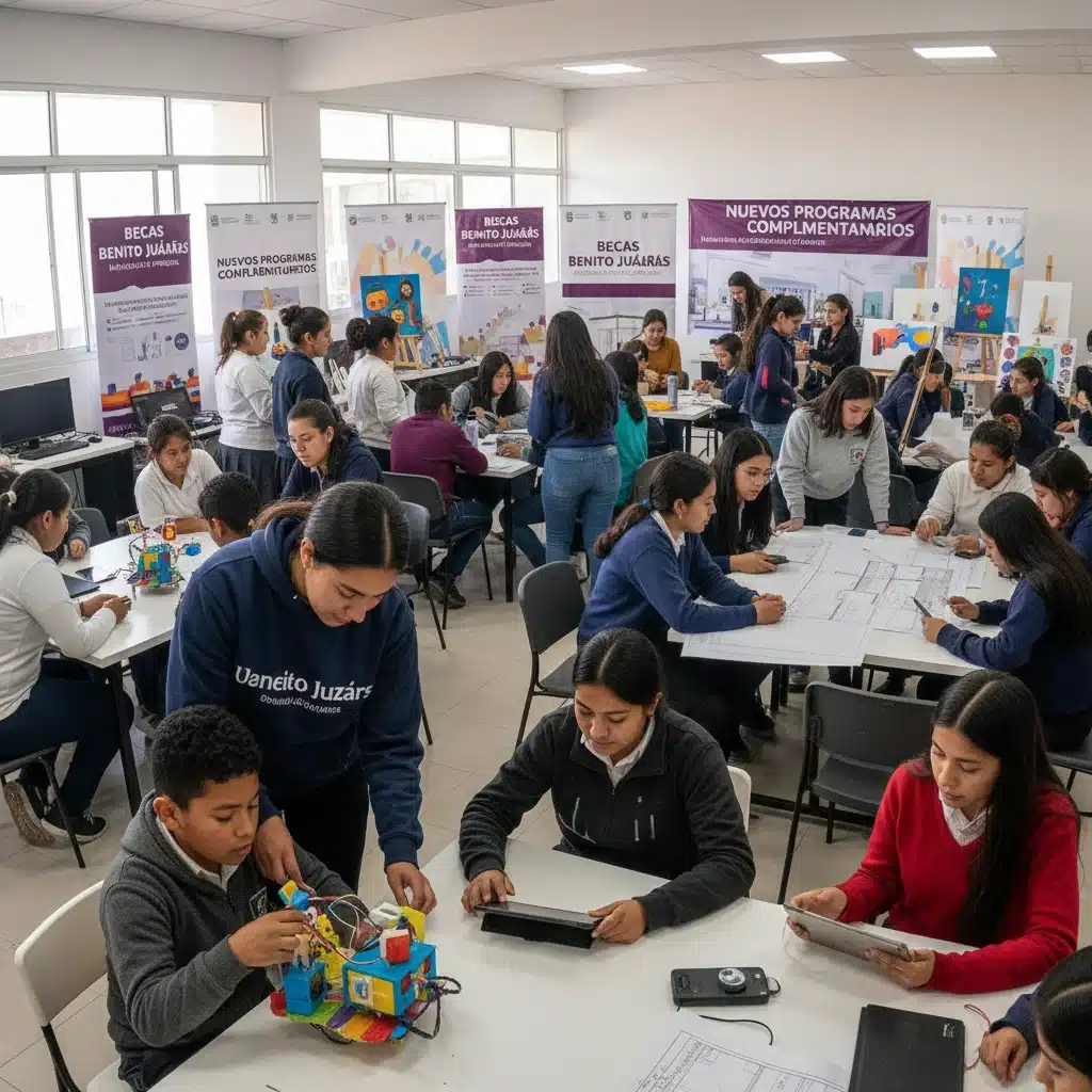 Jóvenes y niños participando en taller educativo complementario a las becas.