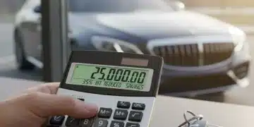 Hombre calculando ahorro en crédito automotriz con llaves de auto y vehículo de fondo.