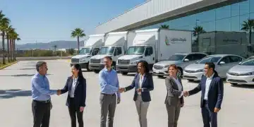 Empresarios mexicanos satisfechos frente a una flotilla de vehículos nuevos, celebrando un acuerdo de financiamiento automotriz para PYMES.