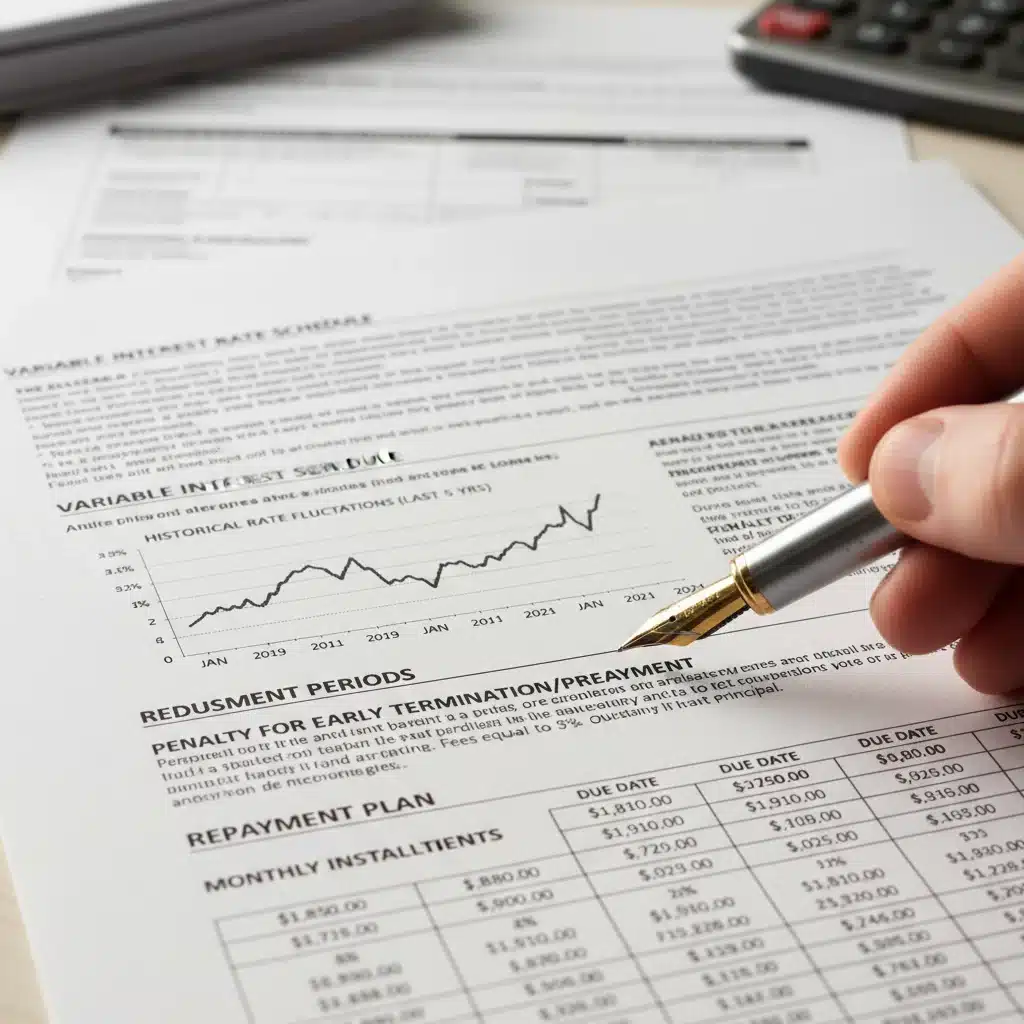 Detalle de un estado de cuenta financiero con tasas de interés fluctuantes y un bolígrafo, destacando la importancia de leer las cláusulas del crédito automotriz.