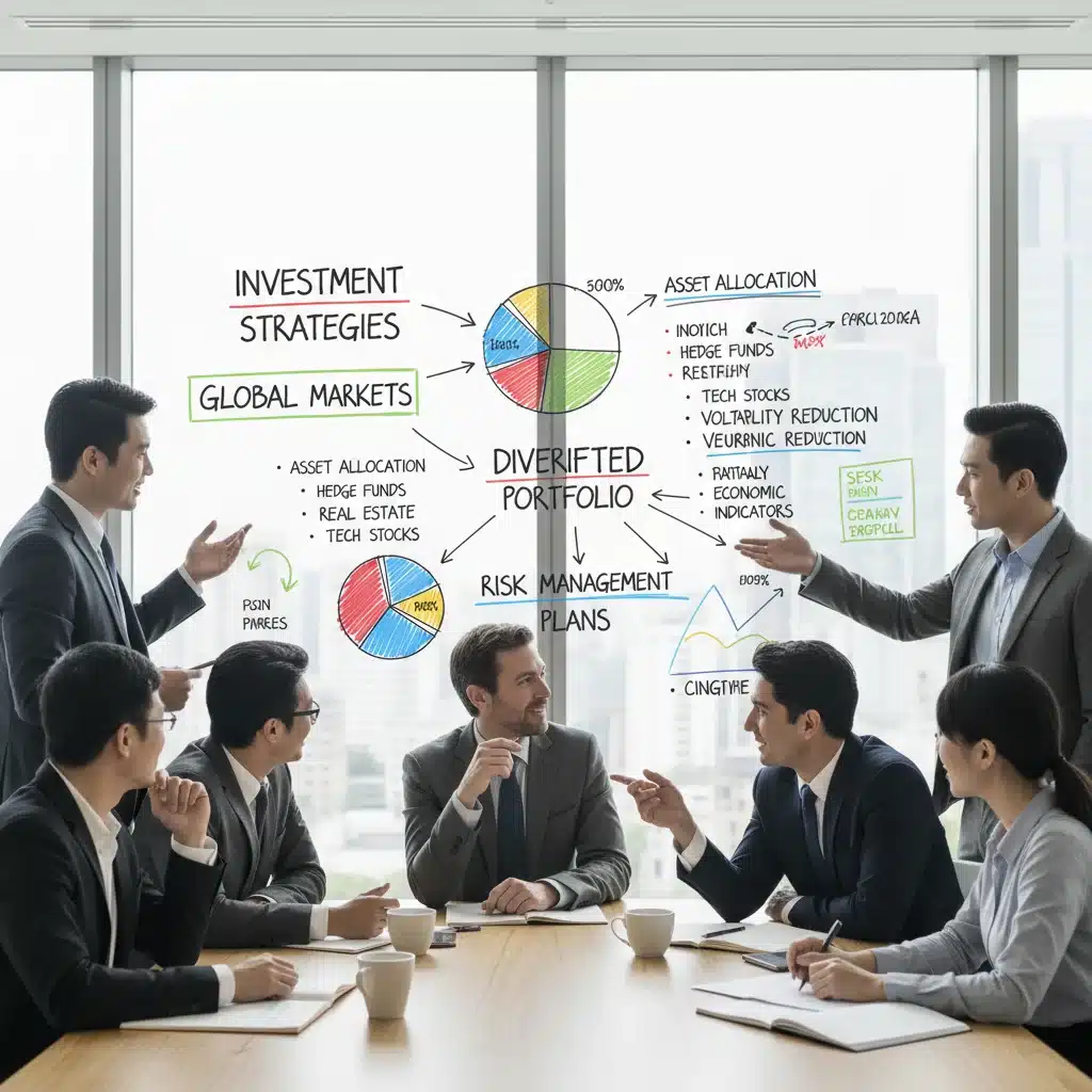 Grupo de inversionistas discutiendo estrategias de inversión diversificadas y gestión de riesgos para el retiro.