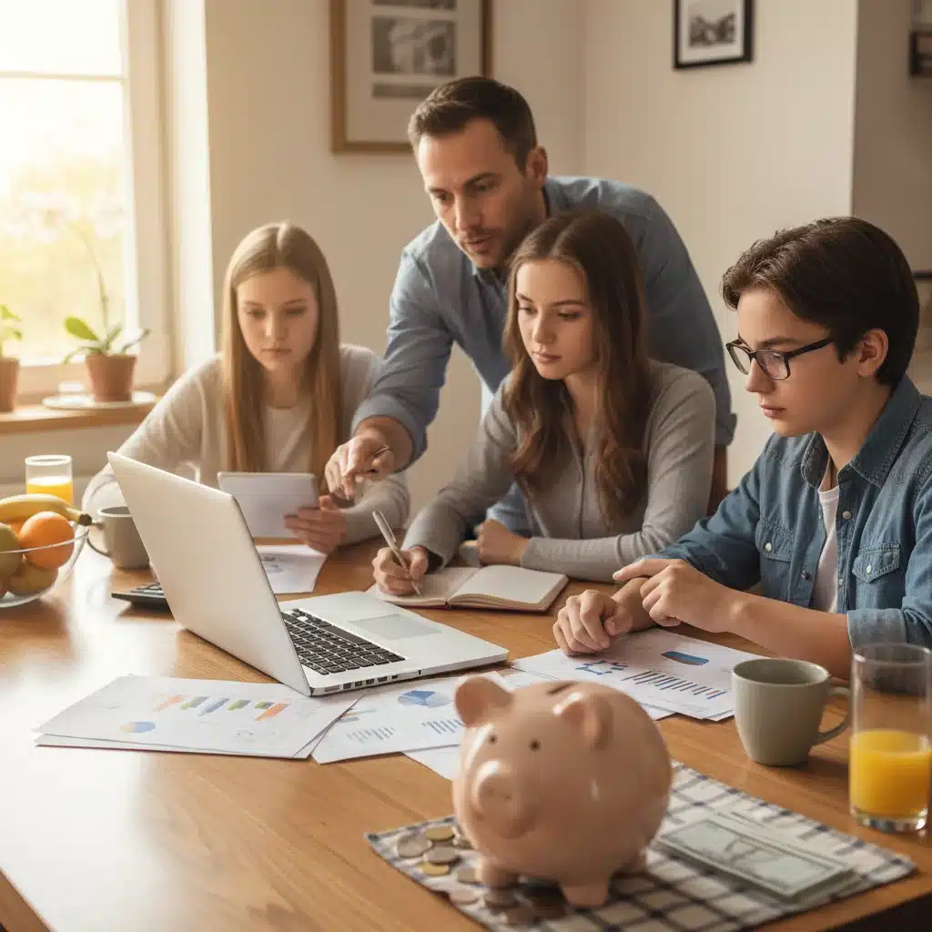 Familia en una mesa discutiendo su presupuesto y planes financieros frente a una laptop, simbolizando la planificación y el ahorro para proteger el crédito.