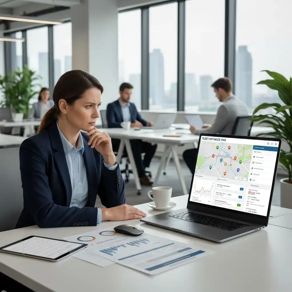 Profesional de negocios analizando datos de gestión de flotilla y finanzas en una computadora portátil, optimizando costos operativos.