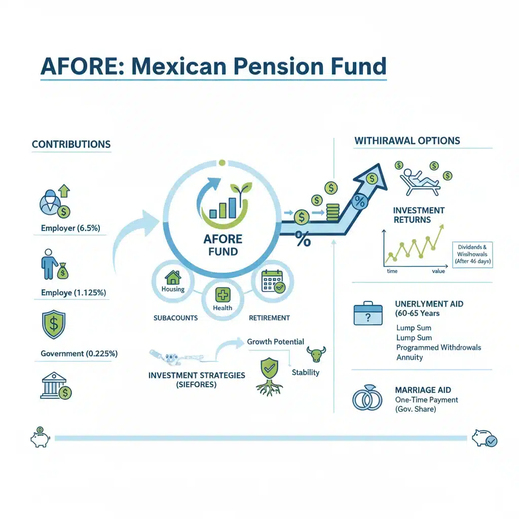 Gráfico detallado mostrando los componentes y el crecimiento de un fondo de pensión AFORE en México.