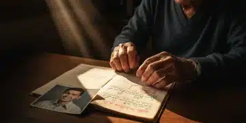 Hombre mexicano mayor revisando un libro de contabilidad antiguo, con una foto de su juventud, simbolizando la planificación del ahorro para el retiro y decisiones financieras.