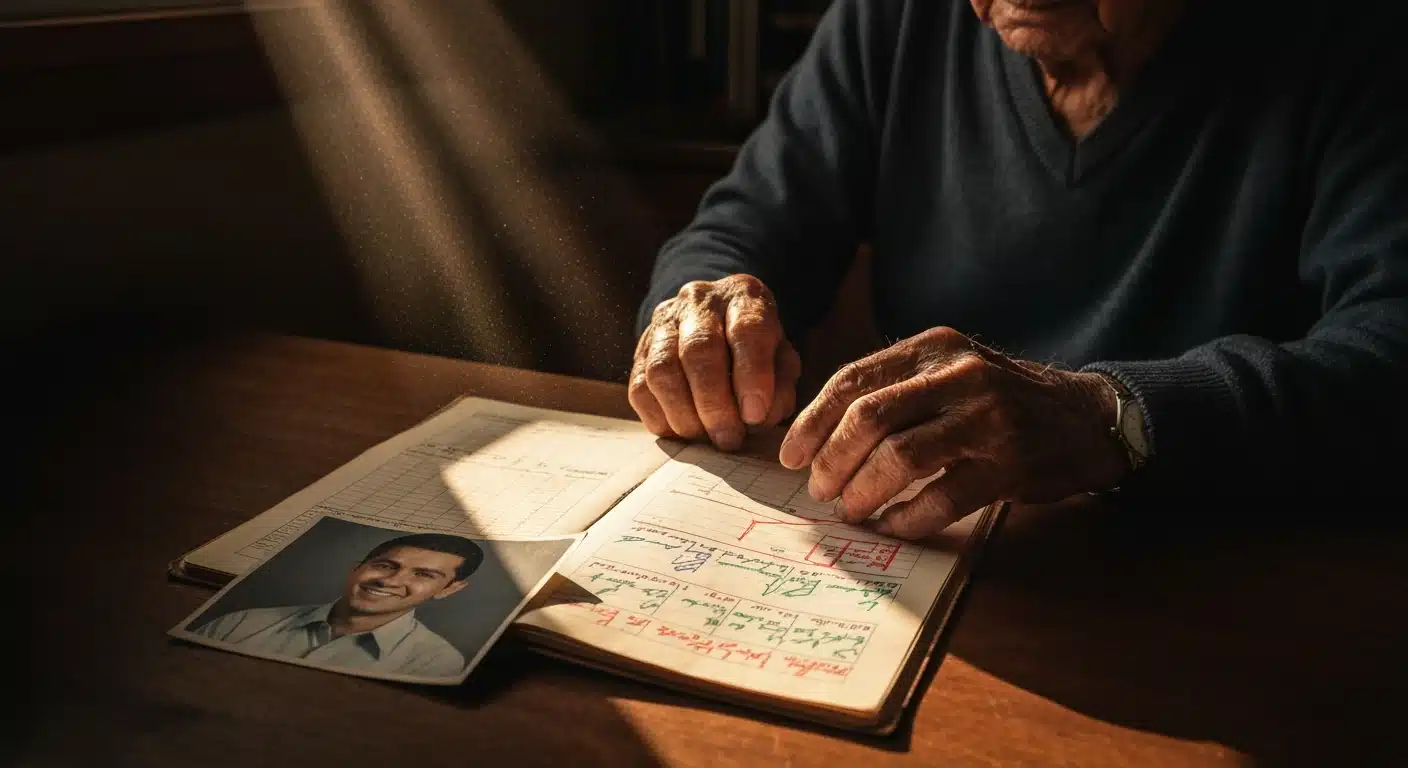 Hombre mexicano mayor revisando un libro de contabilidad antiguo, con una foto de su juventud, simbolizando la planificación del ahorro para el retiro y decisiones financieras.