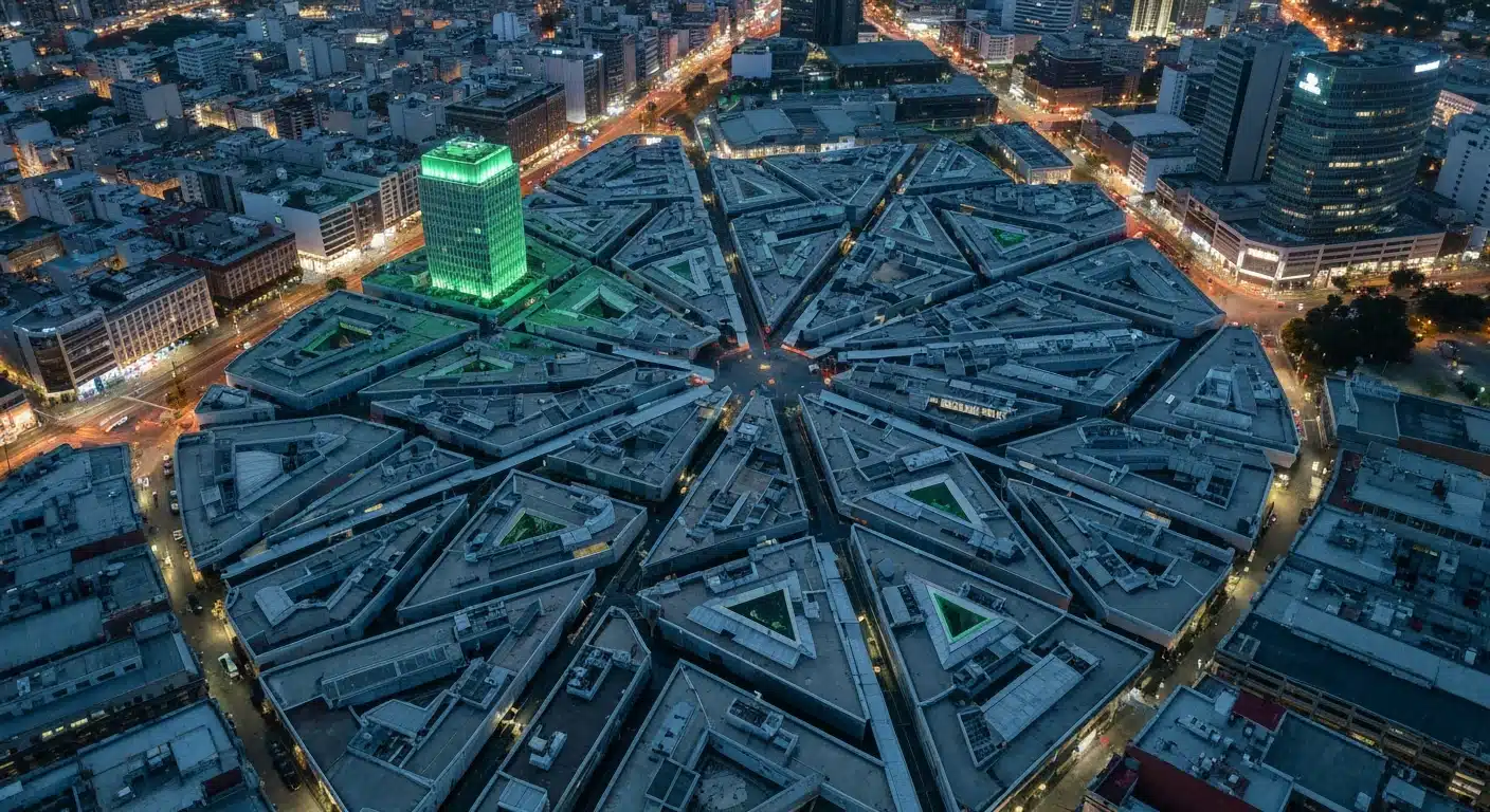 Vista aérea de una compleja ciudad moderna al anochecer con un sutil resplandor verde, simbolizando la intrincada estructura del Sistema de Ahorro para el Retiro (SAR) en México.
