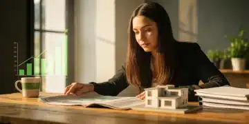 Joven mujer analizando un periódico financiero sobre créditos hipotecarios en México, con un modelo de casa y documentos, iluminada por luz dorada del atardecer, representando el crecimiento del mercado.