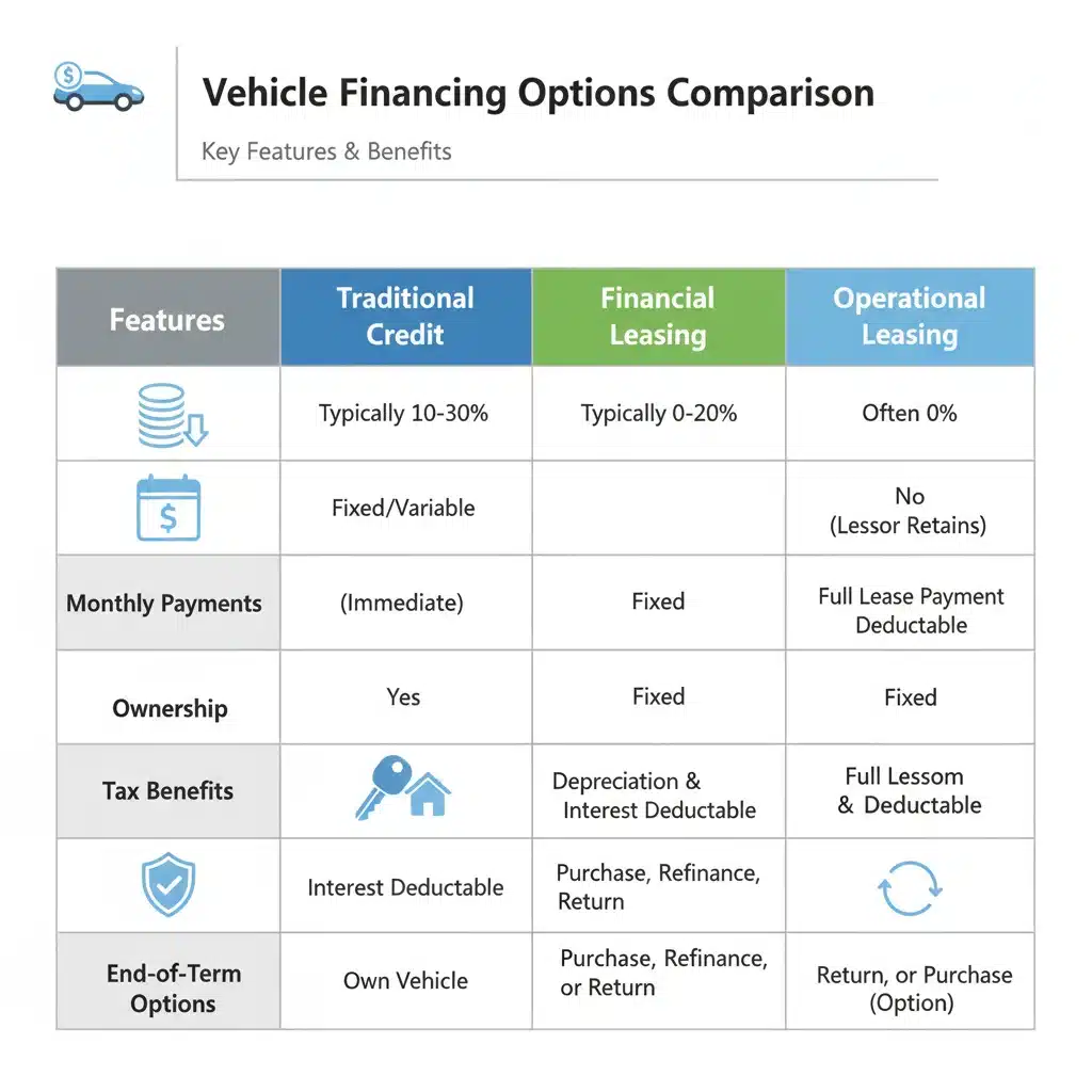 Infografía comparativa de opciones de financiamiento automotriz para PYMES: crédito, arrendamiento financiero y arrendamiento puro.