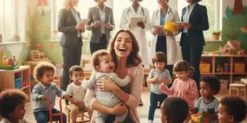 Madre trabajadora sonriendo con su hijo en un entorno de guardería, representando el apoyo y las oportunidades del programa.