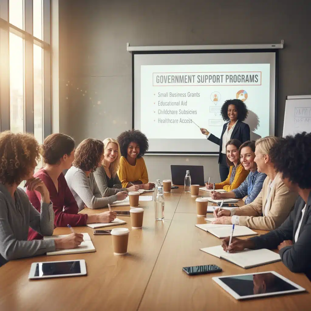 Grupo de mujeres atentas en un taller informativo sobre los requisitos y beneficios del programa de apoyo.