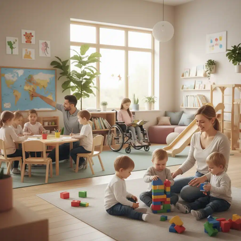 Niños jugando y aprendiendo en una guardería bien equipada, destacando el acceso a cuidado infantil de calidad.