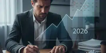 Persona preocupada revisando documentos de crédito automotriz con gráfica de inflación al fondo y el año 2026, simbolizando el impacto financiero.