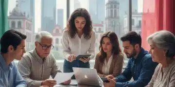 Grupo diverso de personas en México analizando documentos de pensiones y dispositivos digitales, con la bandera mexicana de fondo.