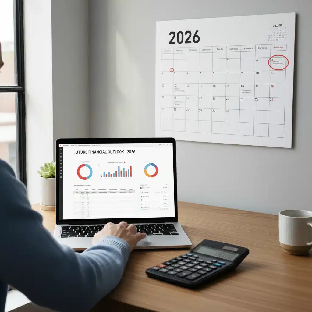 Persona investigando sobre planificación financiera en una laptop, con un calendario mostrando el año 2026.
