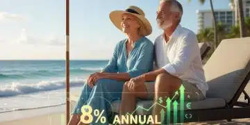 Pareja disfrutando de un retiro seguro y feliz en la playa, con gráficos financieros superpuestos mostrando un 8% de rendimiento anual garantizado.