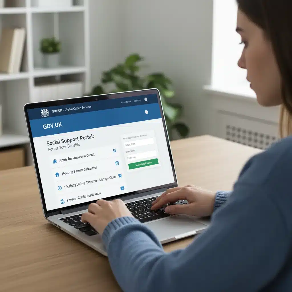 Persona navegando portal web oficial para consultar información de programas de apoyo y beneficios.