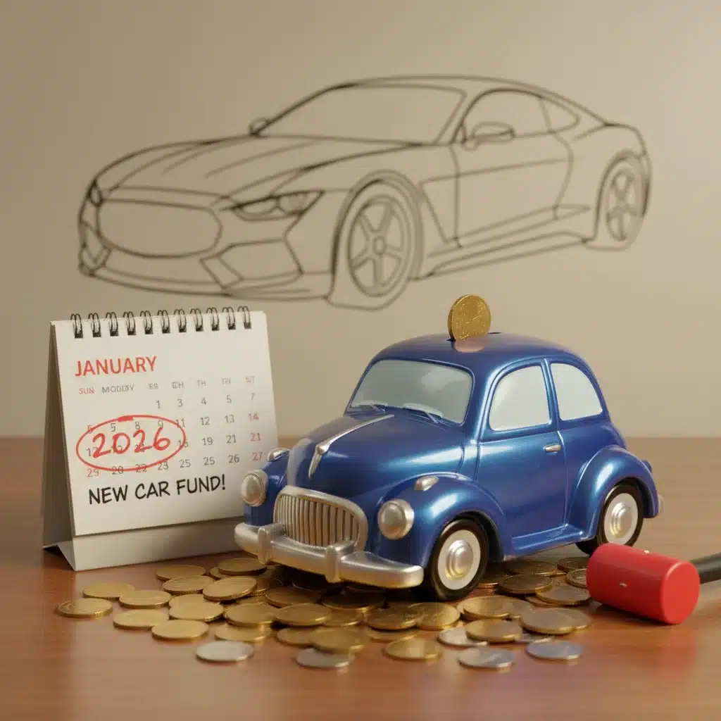 Alcancia en forma de auto con monedas y calendario 2026, simbolizando el ahorro para un vehículo.