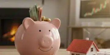 Alcancia llena de monedas y billetes junto a una casa en miniatura, simbolizando el ahorro para el enganche de una hipoteca.