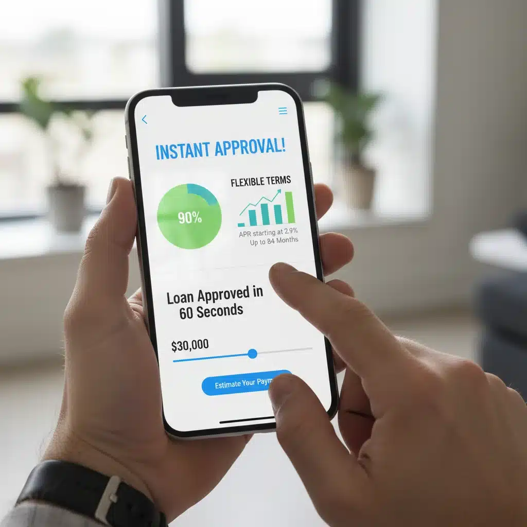 Aplicación móvil de financiamiento automotriz en pantalla de smartphone mostrando un proceso de aprobación rápido y sencillo.
