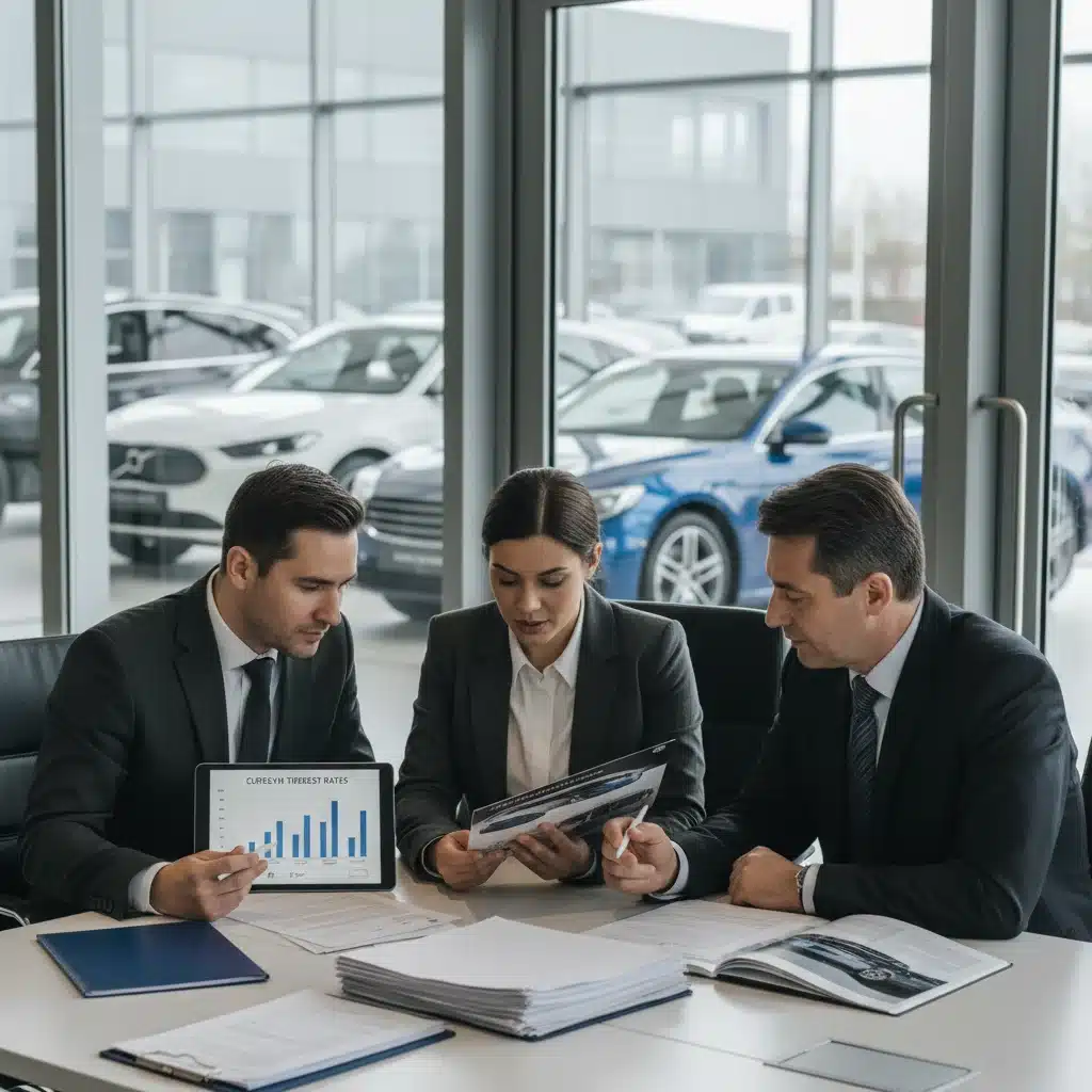 Personas discutiendo opciones de crédito automotriz en una agencia, con un asesor financiero explicando tasas de interés.