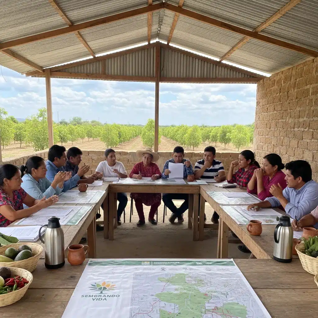 Campesinos mexicanos en reunión comunitaria discutiendo reglas de Sembrando Vida.