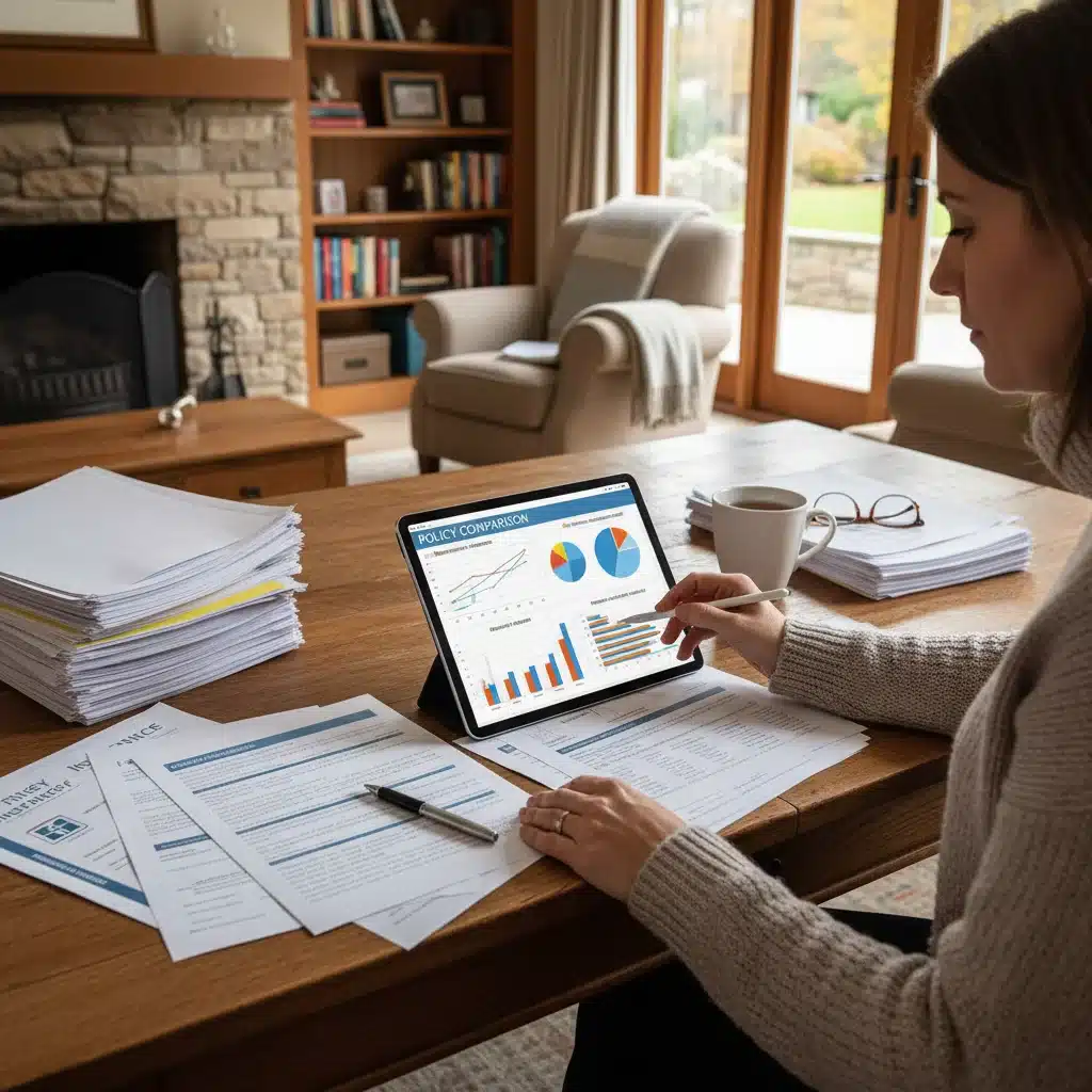 Persona comparando diferentes pólizas de seguros hipotecarios en una tablet y documentos, en un ambiente hogareño.