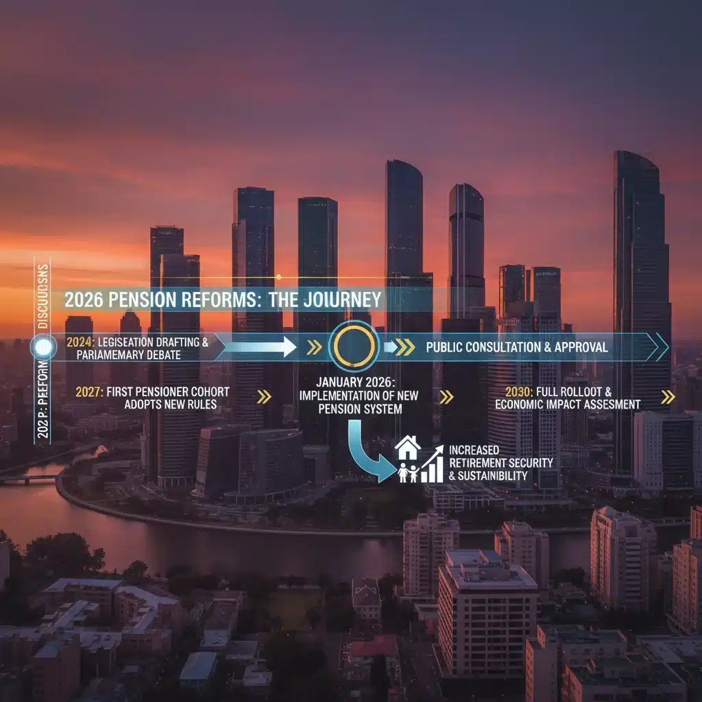 Línea de tiempo detallada con hitos y fechas clave de las reformas de pensiones de 2026, con una ciudad al atardecer de fondo, ilustrando el impacto y la progresión.