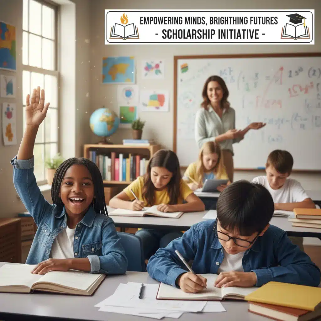 Grupo de estudiantes diversos participando activamente en una clase, simbolizando el impacto de las becas en la educación.