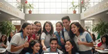 Estudiantes mexicanos felices revisando información en una tableta sobre la Beca Benito Juárez 2026.