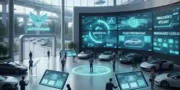 Salón de exhibición automotriz futurista en México con pantallas digitales y clientes explorando opciones de financiamiento.