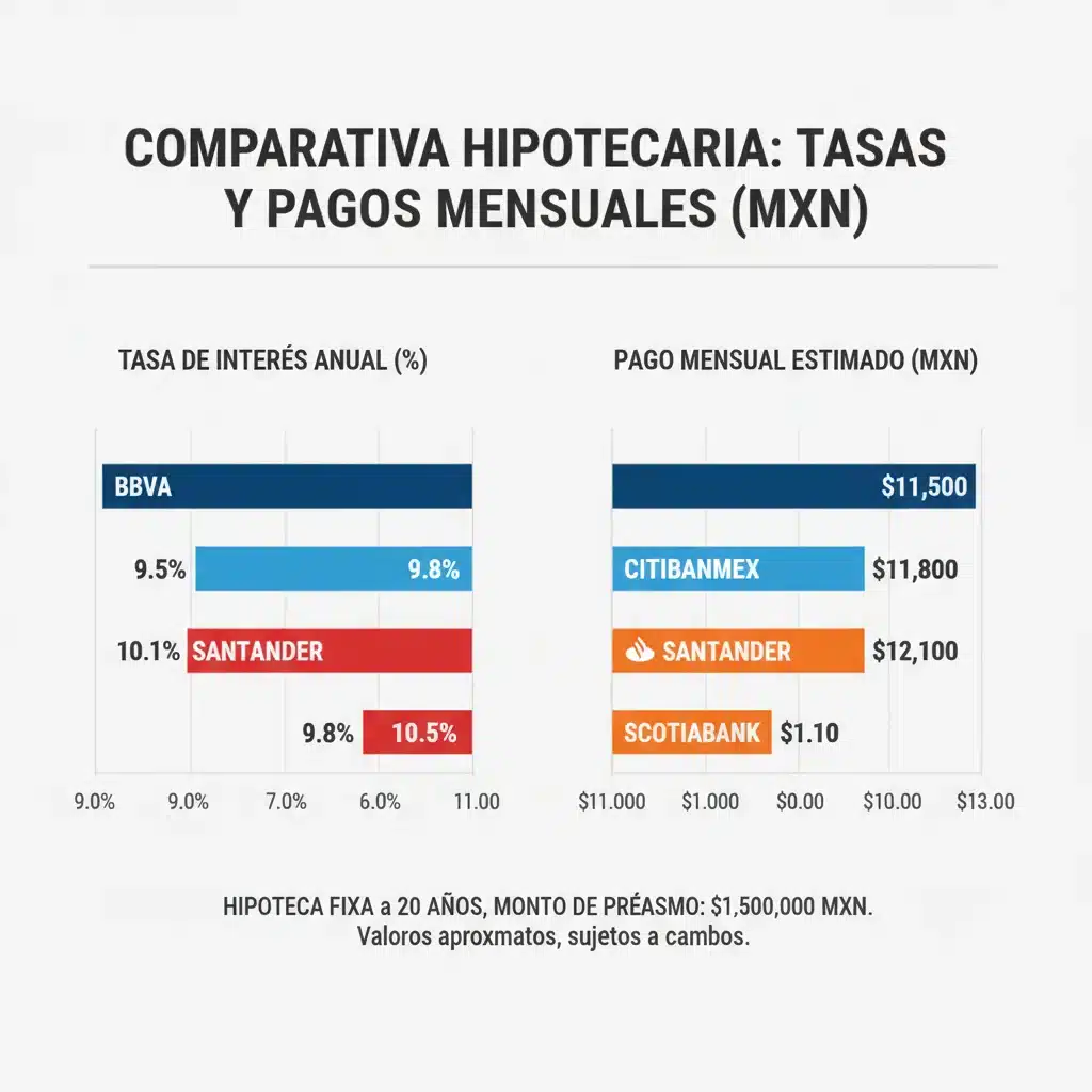 Gráfico comparativo de tasas de interés y pagos mensuales de créditos hipotecarios entre bancos mexicanos.