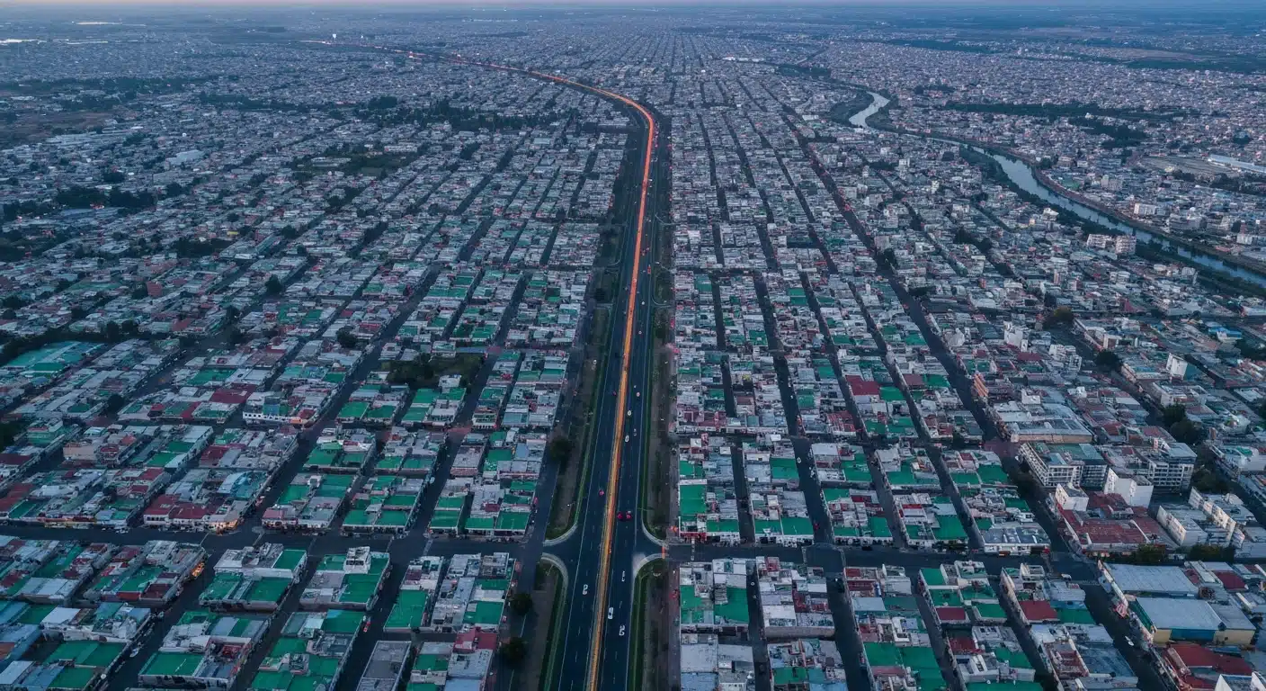 Vista aérea de una vasta ciudad mexicana al amanecer, mostrando la intrincada planificación urbana y las redes de calles que simbolizan la compleja trayectoria financiera de la planificación del retiro en México.