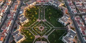Vista aérea de una comunidad residencial mexicana al atardecer, con senderos geométricos y áreas verdes interconectadas, simbolizando la planificación del ahorro para un retiro digno y una vida prolongada.
