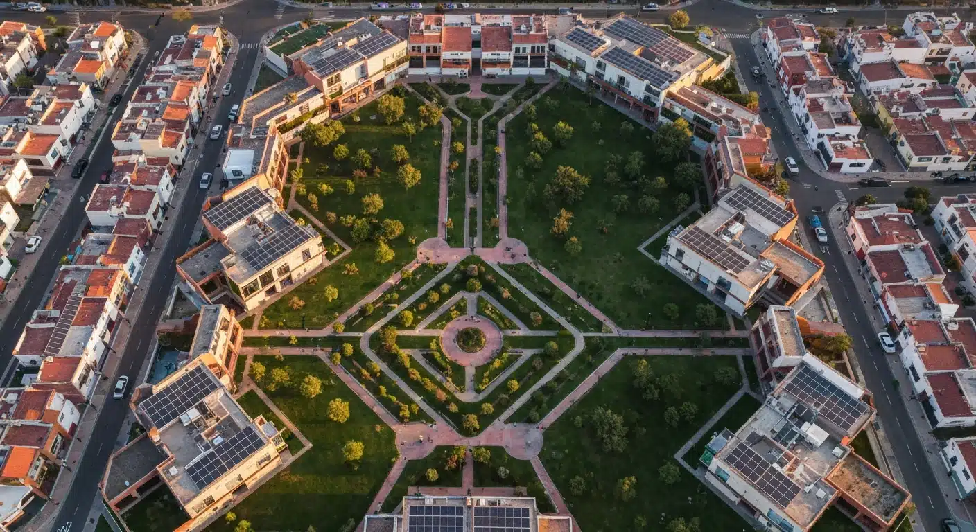 Vista aérea de una comunidad residencial mexicana al atardecer, con senderos geométricos y áreas verdes interconectadas, simbolizando la planificación del ahorro para un retiro digno y una vida prolongada.