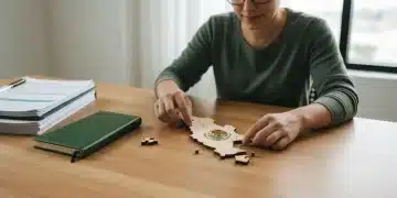 Persona armando un rompecabezas de madera de México, simbolizando la complejidad y planificación del ahorro para el retiro, con documentos financieros en un escritorio de madera bajo luz natural. México.