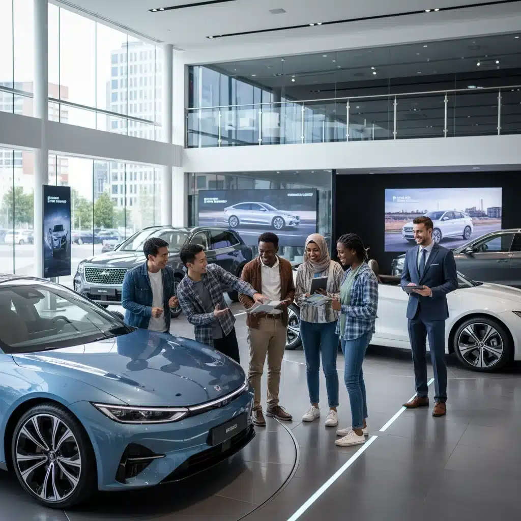 Jóvenes explorando diferentes modelos de autos en una agencia, discutiendo opciones de compra.
