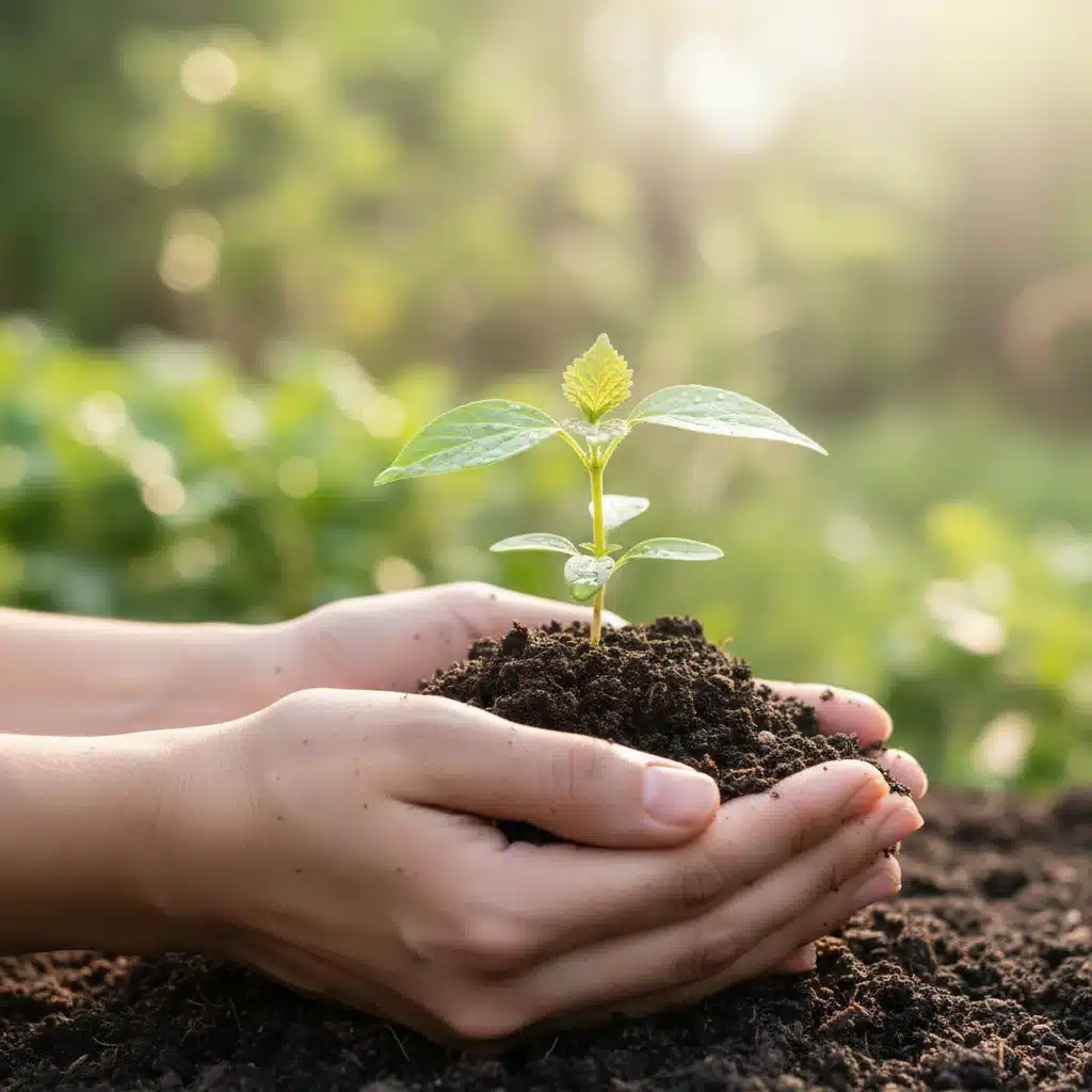 Manos cuidando una plántula recién sembrada, símbolo de crecimiento agrícola.