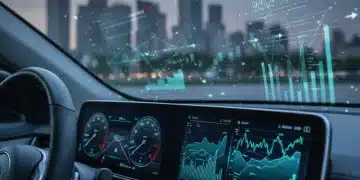 Panel de control de auto moderno con gráficos financieros de fondo, simbolizando el impacto de Banxico en el crédito automotriz.