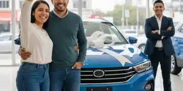 Pareja joven mexicana recibiendo las llaves de su nuevo auto en una agencia, celebrando la compra.