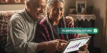 Pareja de adultos mayores sonriendo, observando una tableta con gráficos financieros y un calendario de 2026, simbolizando el impacto del aumento de la Pensión del Bienestar.