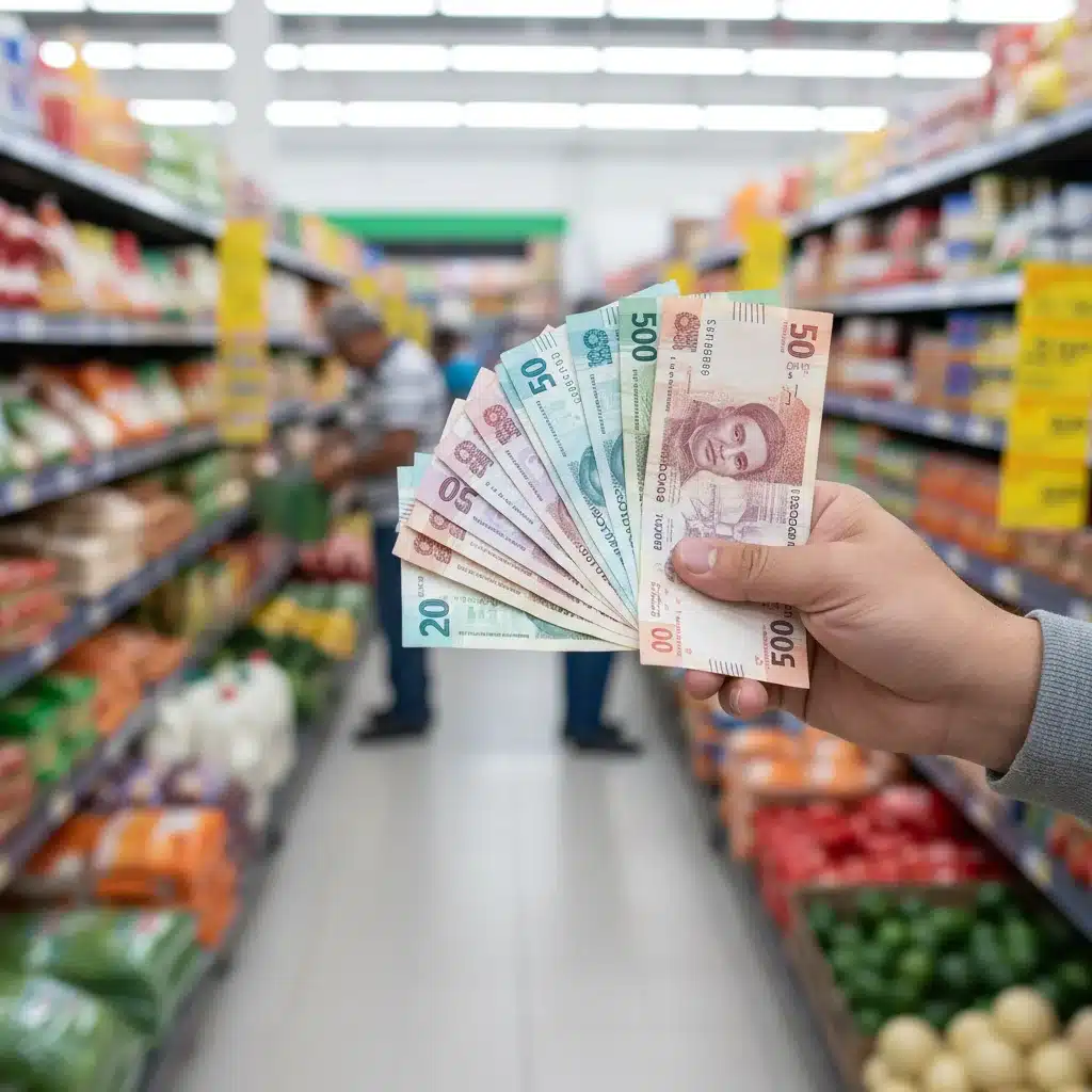 Mano sosteniendo billetes de pesos mexicanos en un mercado, representando el uso de la pensión para compras diarias.