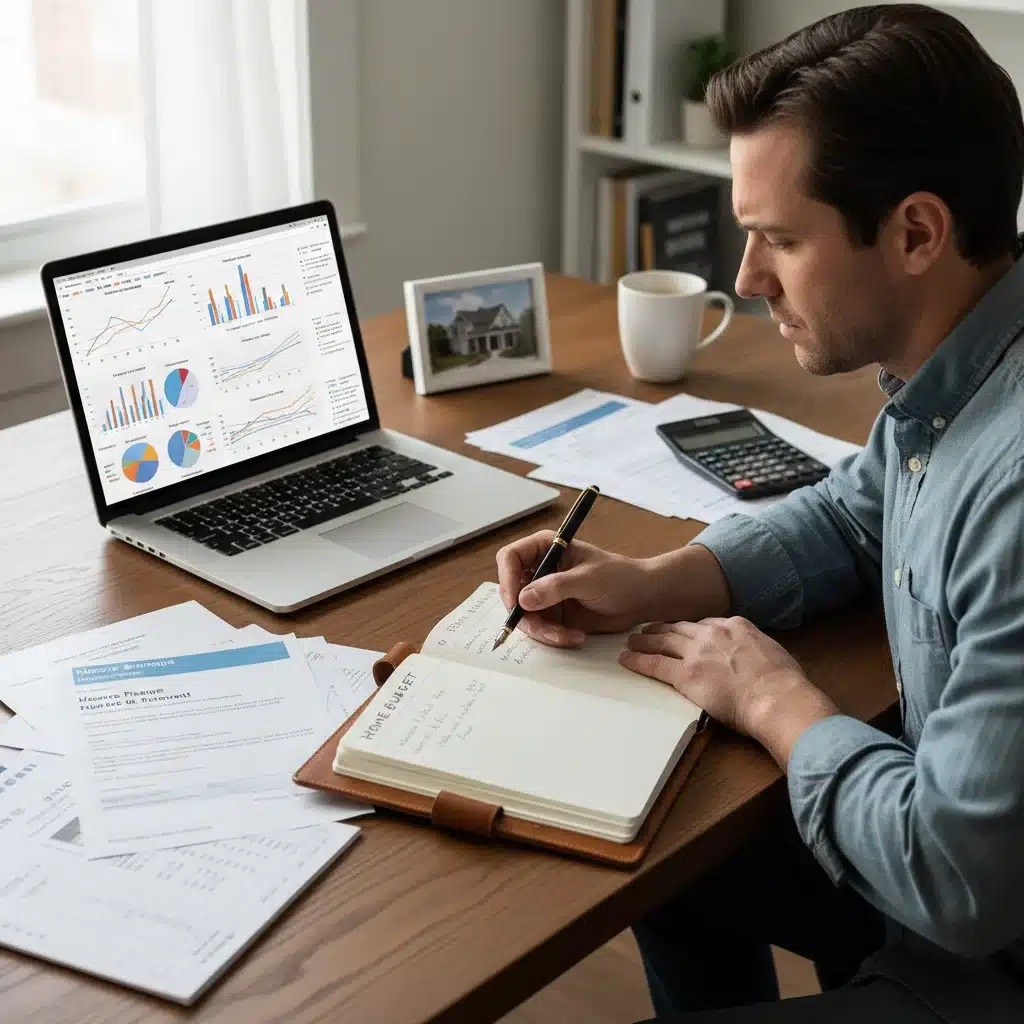 Persona analizando gráficos financieros y presupuesto en una laptop, planificando el ahorro para su enganche hipotecario.