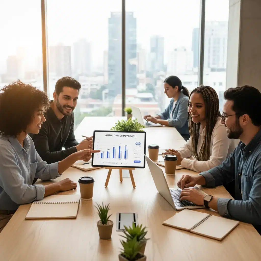 Jóvenes profesionales mexicanos analizando opciones de financiamiento automotriz en un espacio de co-working digital.